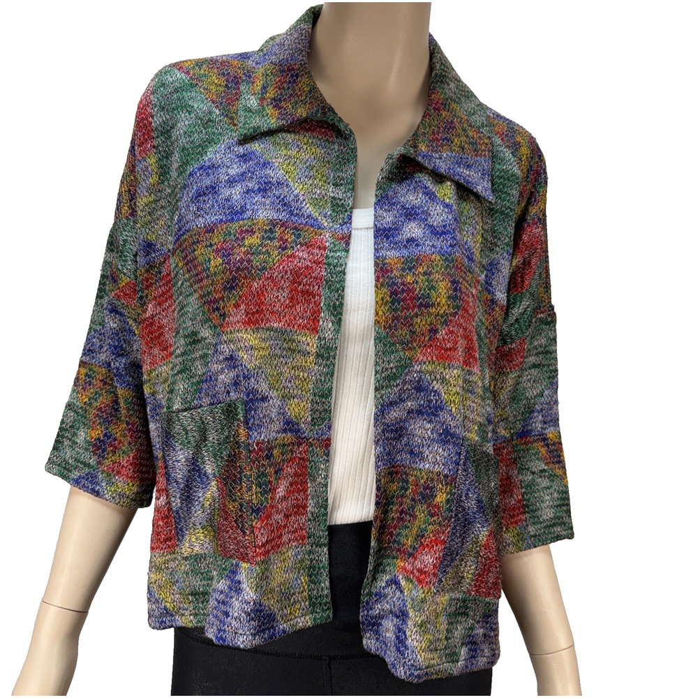 Yavi Anthropologie Multicolor Cotton Woven Jacket Size S Open Front 3/4 Sleeve